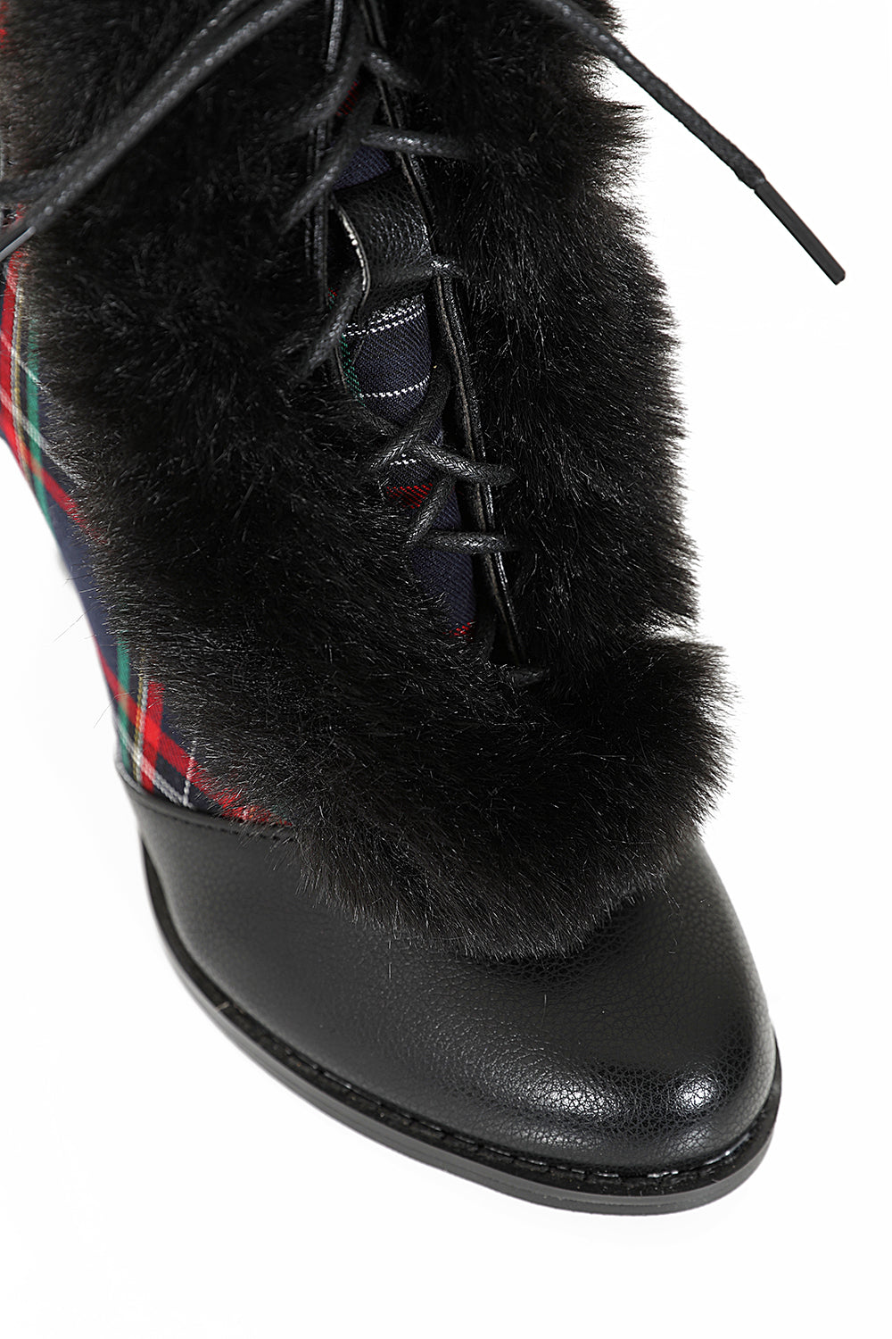 Chic Charlotte Banned Booties - Retro-Inspired Tartan & Fur Booties with Faux Leather Upper-Black