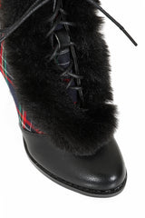 Chic Charlotte Banned Booties - Retro-Inspired Tartan & Fur Booties with Faux Leather Upper-Black