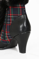 Chic Charlotte Banned Booties - Retro-Inspired Tartan & Fur Booties with Faux Leather Upper-Black