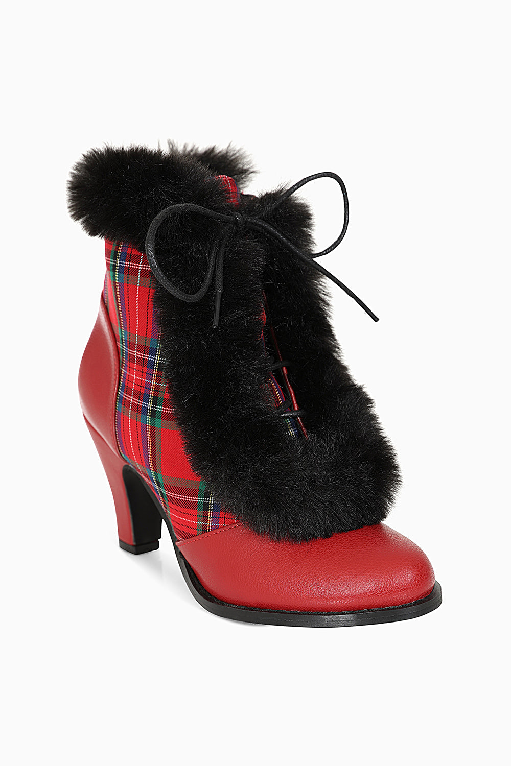 Chic Charlotte Banned Booties - Retro-Inspired Tartan & Fur Booties with Faux Leather Upper-Red