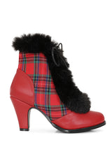 Chic Charlotte Banned Booties - Retro-Inspired Tartan & Fur Booties with Faux Leather Upper-Red