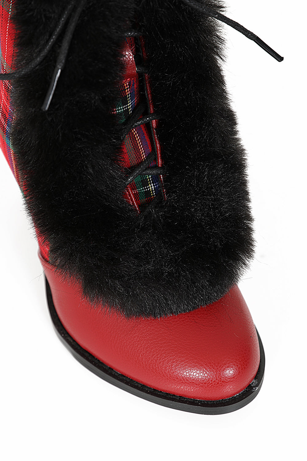 Chic Charlotte Banned Booties - Retro-Inspired Tartan & Fur Booties with Faux Leather Upper-Red