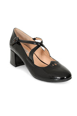 Good Day Sweetheart Banned Shoes - Classic Crossed Straps Block Heel Pumps with Patent Upper-Black