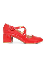Good Day Sweetheart Banned Shoes - Classic Crossed Straps Block Heel Pumps with Patent Upper-Red
