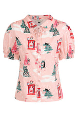 Banned Lilly Purrfect Christmas Blouse - 50s Style Cat Print Peter Pan Collar Top-Pink