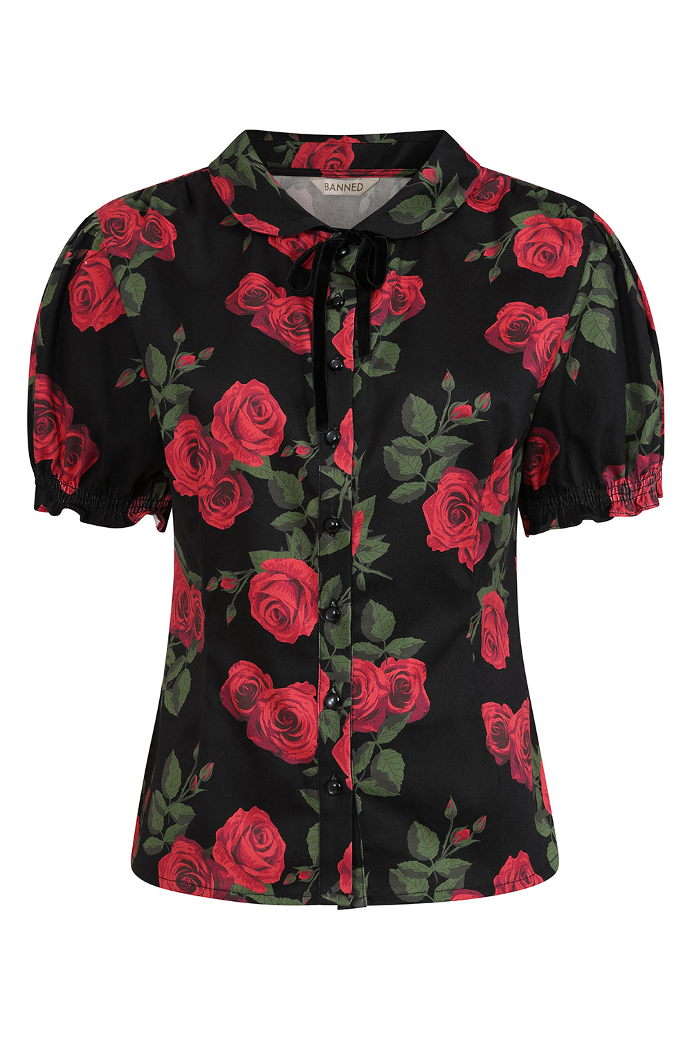 Banned Lilly Romantic Roses Blouse - 50s Style Peter Pan Collar Fitted Top-Black