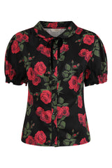 Banned Lilly Romantic Roses Blouse - 50s Style Peter Pan Collar Fitted Top-Black