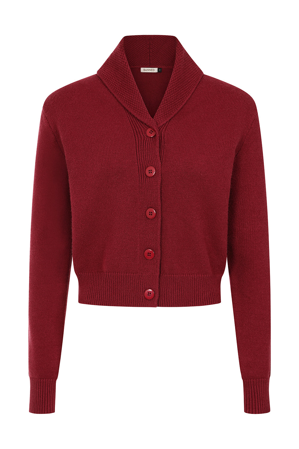 Banned Violet 40s/50s Crop Cardigan - Retro Style Shawl Collar Button-Up-Burgundy