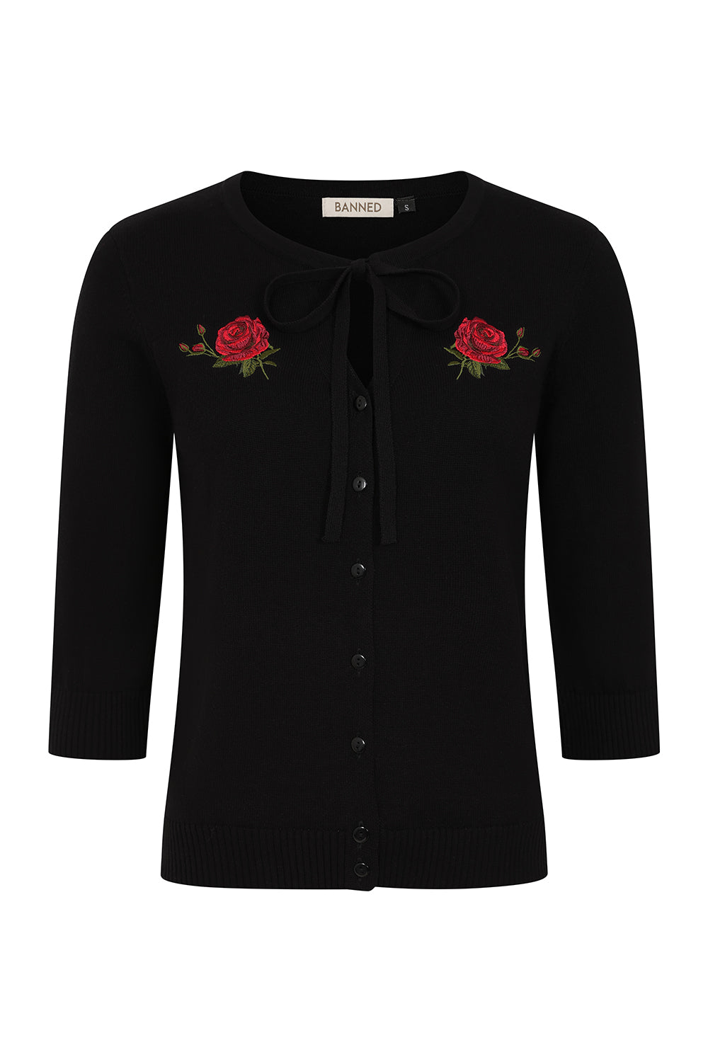 Banned Mia Rose Garden Cardigan - 50s Style Embroidered Bow Front Sweater-Black