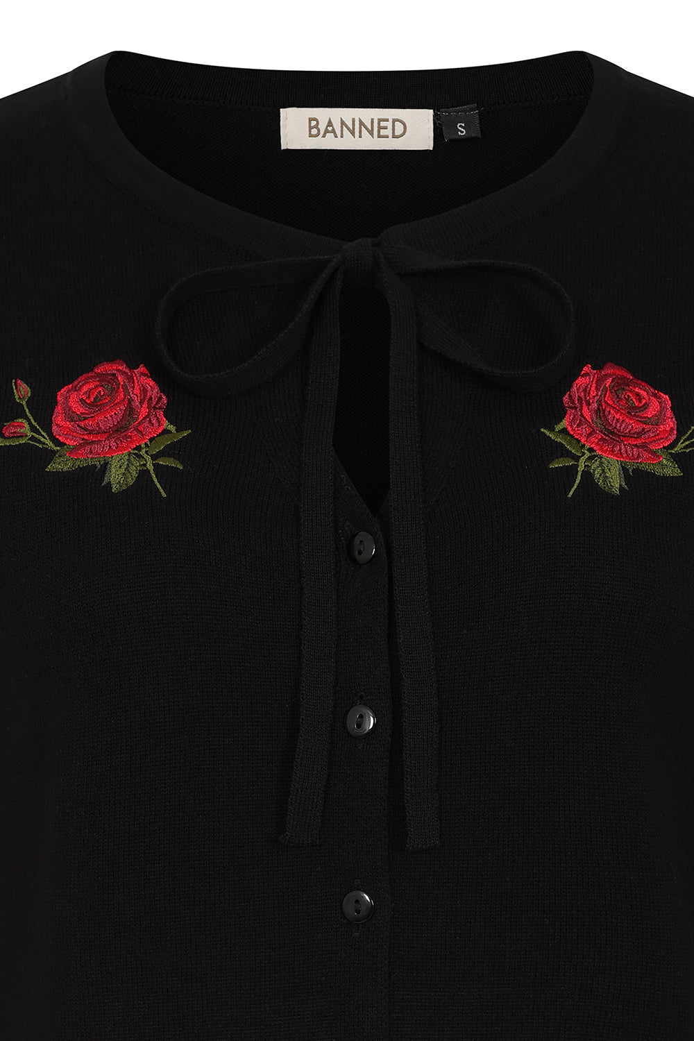 Banned Mia Rose Garden Cardigan - 50s Style Embroidered Bow Front Sweater-Black