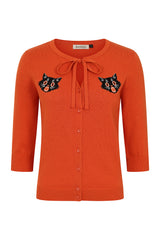 Retro Orange Cardigan with Keyhole Tie Neck and Black Cat Embroidery ? Vintage-Inspired Knitwear"-Orange