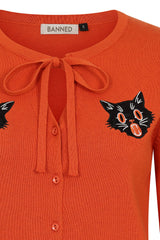 Retro Orange Cardigan with Keyhole Tie Neck and Black Cat Embroidery ? Vintage-Inspired Knitwear"-Orange