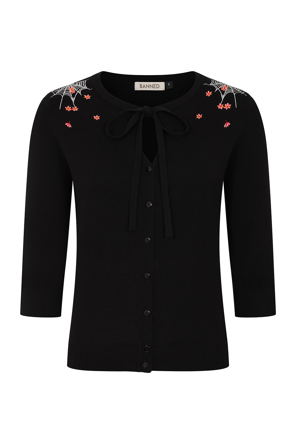 Banned Mia Spiderweb Blossom Cardigan - 50s Style Gothic Floral Bow Front Sweater-Black