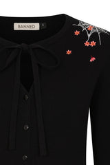 Banned Mia Spiderweb Blossom Cardigan - 50s Style Gothic Floral Bow Front Sweater-Black