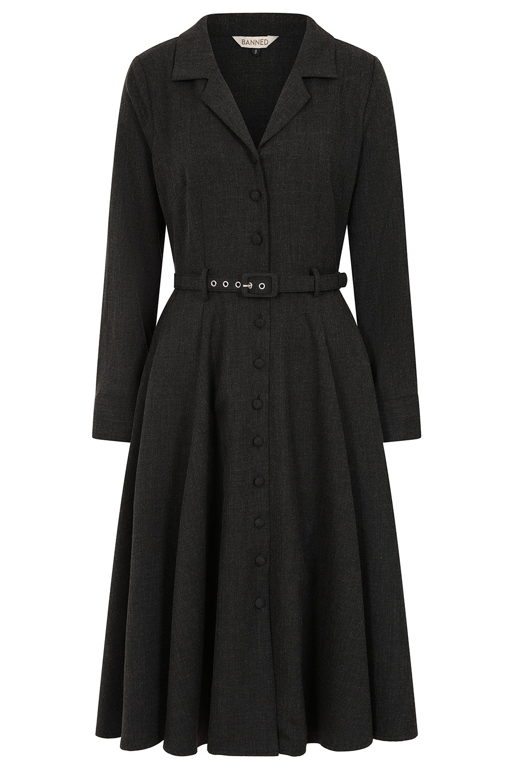 BANNED Retro Marigold Button-Up Dress with Belt and Pockets-Grey