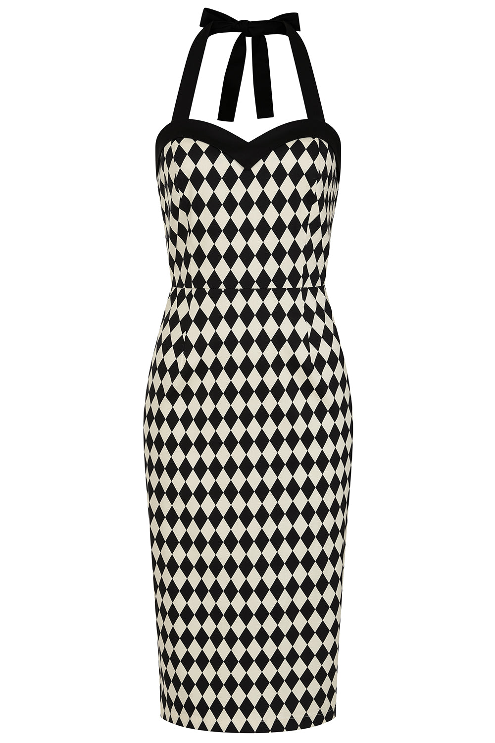 BANNED Retro Rhona Harlequin Pencil Dress with Sweetheart Neckline-Black/White