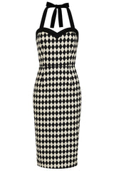 BANNED Retro Rhona Harlequin Pencil Dress with Sweetheart Neckline-Black/White