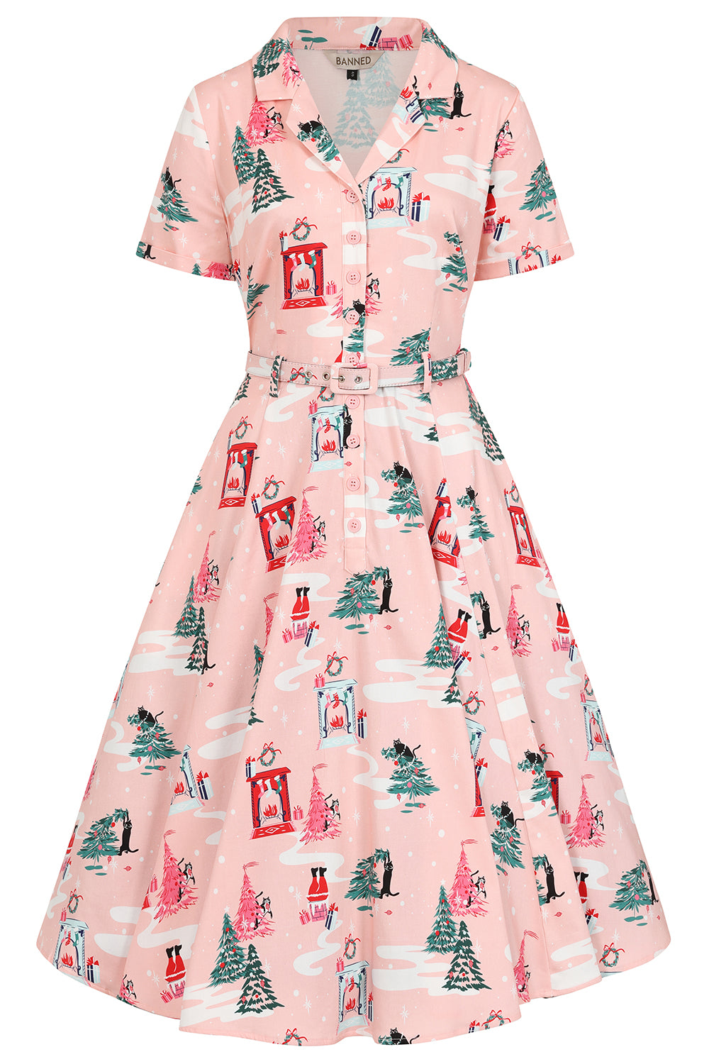 BANNED Retro Bella Puurfect Christmas Swing Dress with Pockets-Pink