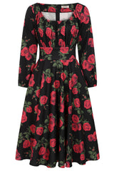 Banned Mina Romantic Roses Swing Dress - 50s Style Floral Circle Dress-Black