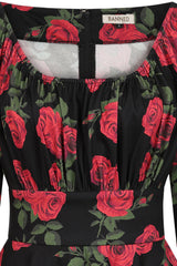 Banned Mina Romantic Roses Swing Dress - 50s Style Floral Circle Dress-Black