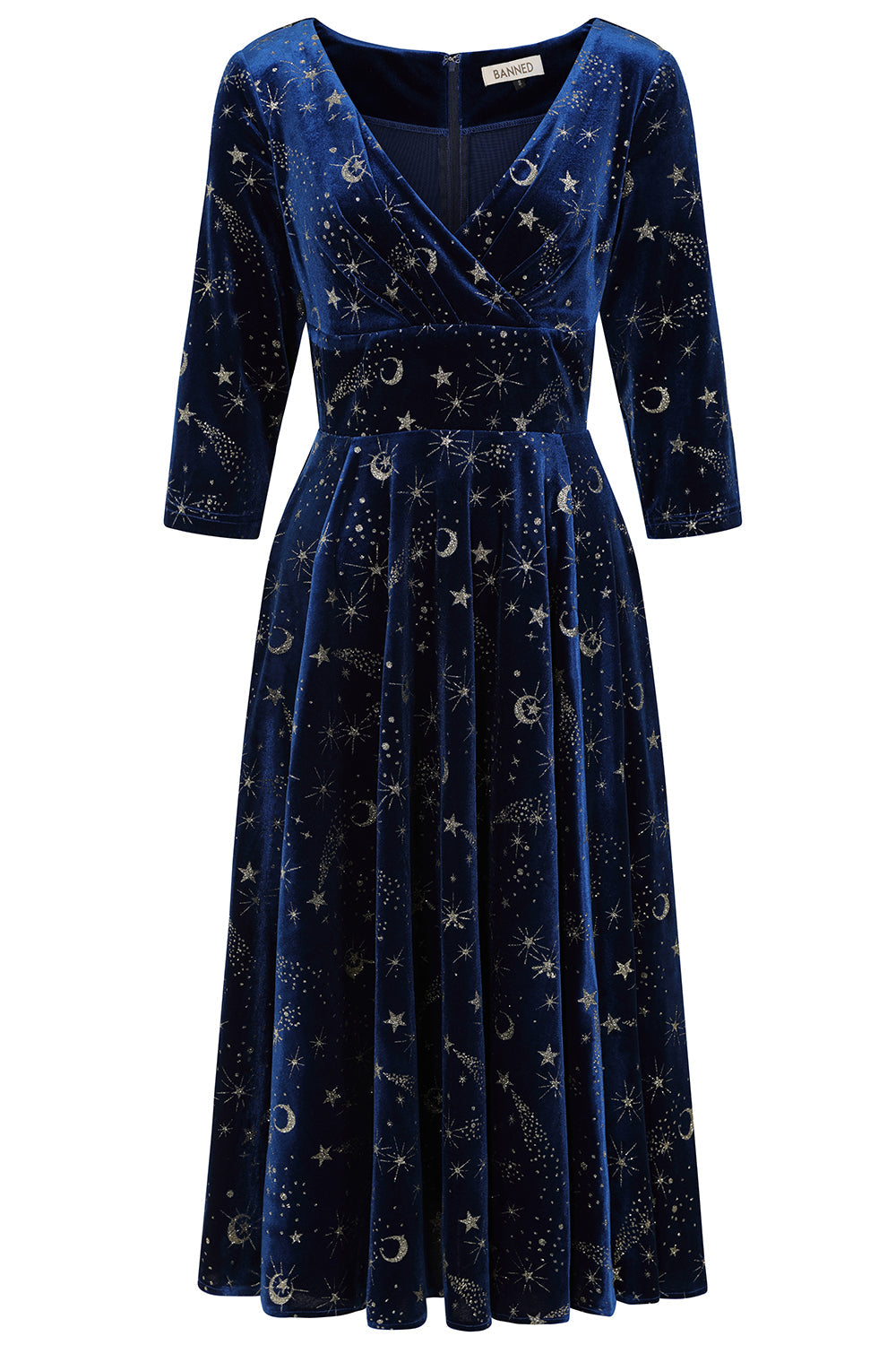 Banned Luna Celestial Glitter Swing Dress - Vintage 50s Style Galaxy Print V-Neck Dress-Blue