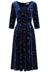 Banned Luna Celestial Glitter Swing Dress - Vintage 50s Style Galaxy Print V-Neck Dress-Blue
