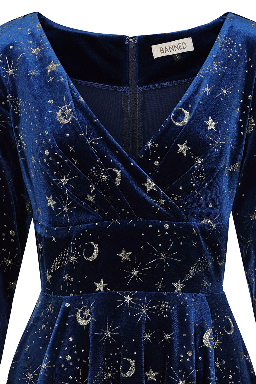 Banned Luna Celestial Glitter Swing Dress - Vintage 50s Style Galaxy Print V-Neck Dress-Blue