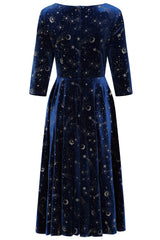 Banned Luna Celestial Glitter Swing Dress - Vintage 50s Style Galaxy Print V-Neck Dress-Blue