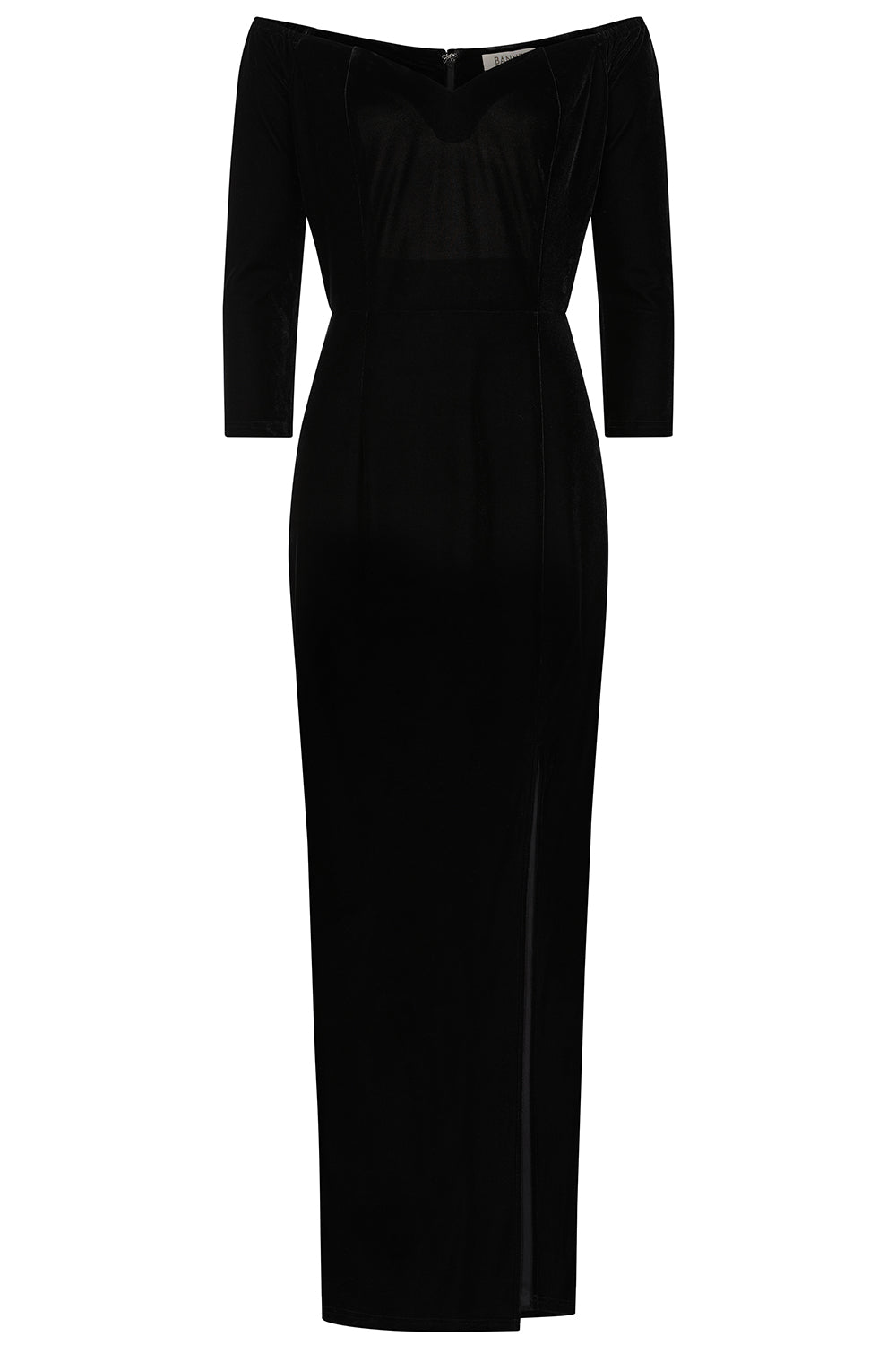 Banned Amalia Velvet Maxi Dress - Off-Shoulder 3/4 Sleeve Fitted Gown-Black