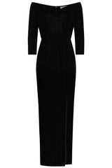 Banned Amalia Velvet Maxi Dress - Off-Shoulder 3/4 Sleeve Fitted Gown-Black