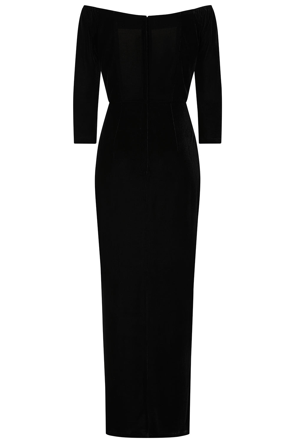 Banned Amalia Velvet Maxi Dress - Off-Shoulder 3/4 Sleeve Fitted Gown-Black