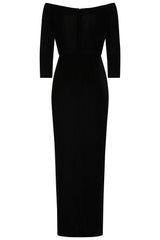 Banned Amalia Velvet Maxi Dress - Off-Shoulder 3/4 Sleeve Fitted Gown-Black