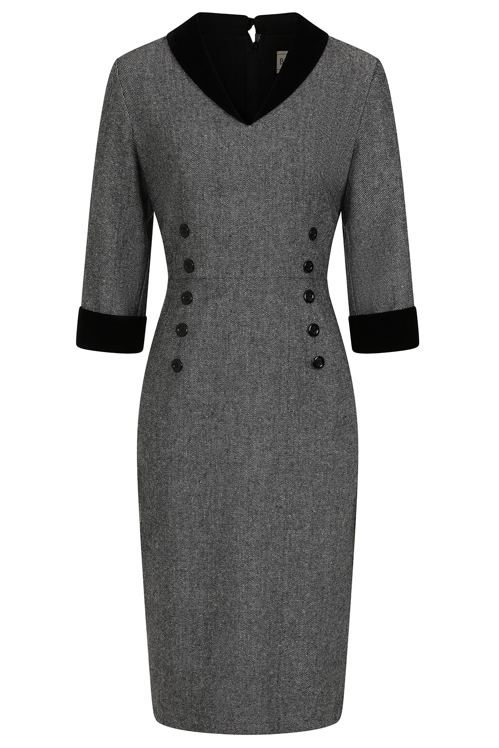 Banned Sylvia Herringbone Pencil Dress - Vintage 50s Secretary Style Office Dress-Grey