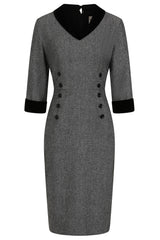 Banned Sylvia Herringbone Pencil Dress - Vintage 50s Secretary Style Office Dress-Grey