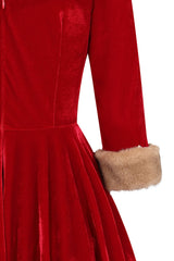 Banned Nina Velvet and Fur Swing Dress - 50s Style Twisted Bodice Circle Dress-Red