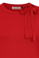 Banned Bella Bow Knit Jumper - 50s Style Keyhole Collar Sweater-Red