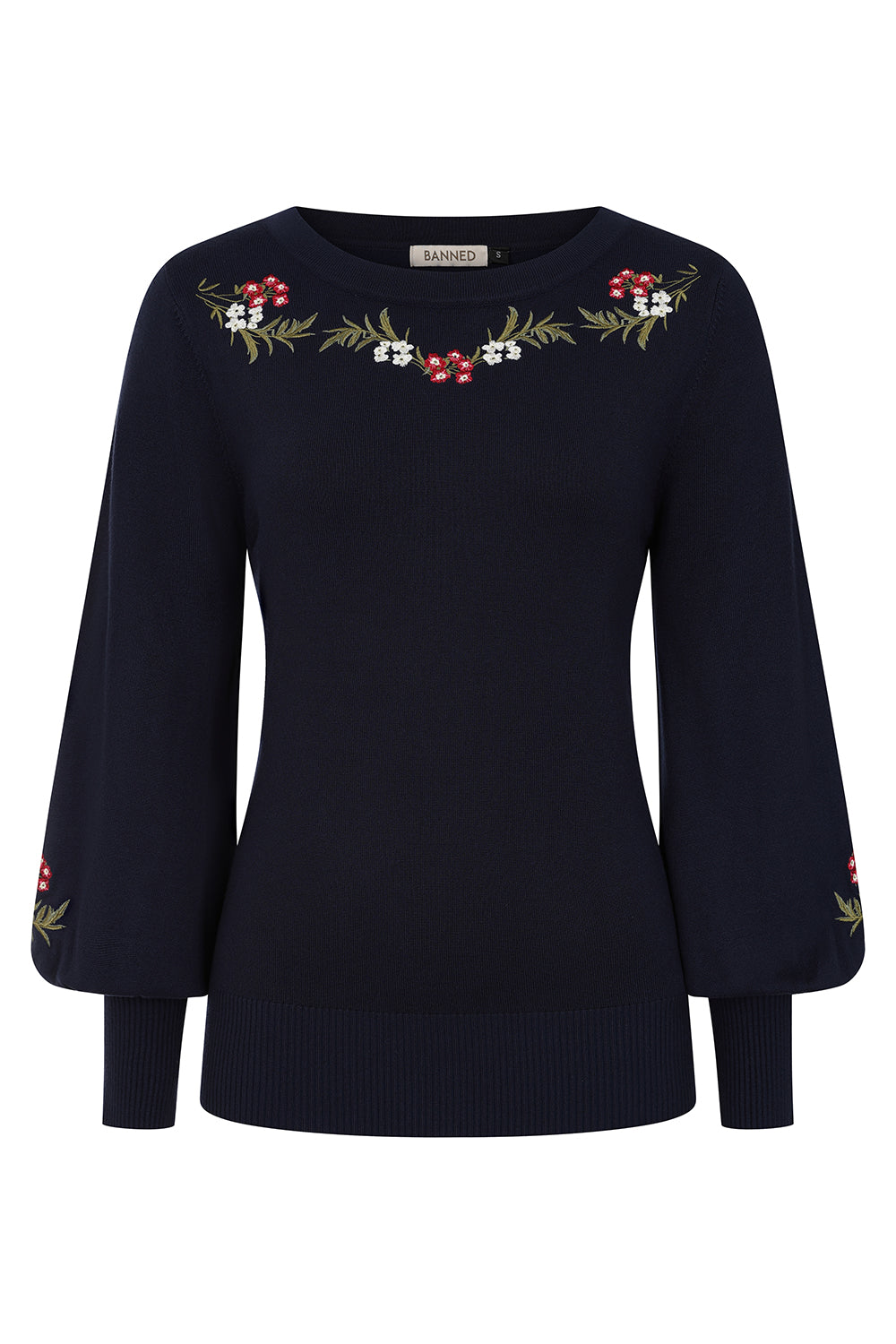 Banned Carla Romantic Floral Jumper - 70s Style Victorian Sleeve Sweater-Navy