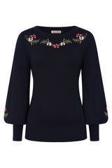 Banned Carla Romantic Floral Jumper - 70s Style Victorian Sleeve Sweater-Navy