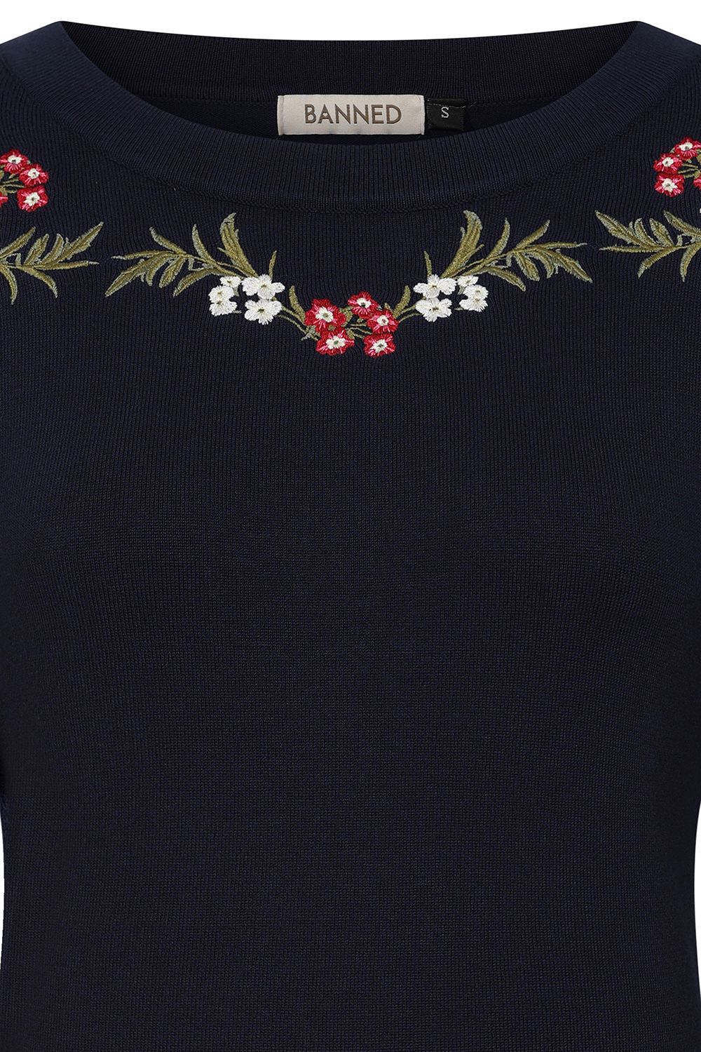 Banned Carla Romantic Floral Jumper - 70s Style Victorian Sleeve Sweater-Navy