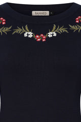 Banned Carla Romantic Floral Jumper - 70s Style Victorian Sleeve Sweater-Navy