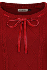 Banned Mona Cable Knit Jumper - 40s Style Vintage Sweater-Red