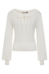 Banned Angel 40s Pointelle Knit Jumper - Crew Neck Pussy Bow Balloon Sleeve Sweater-OffWhite