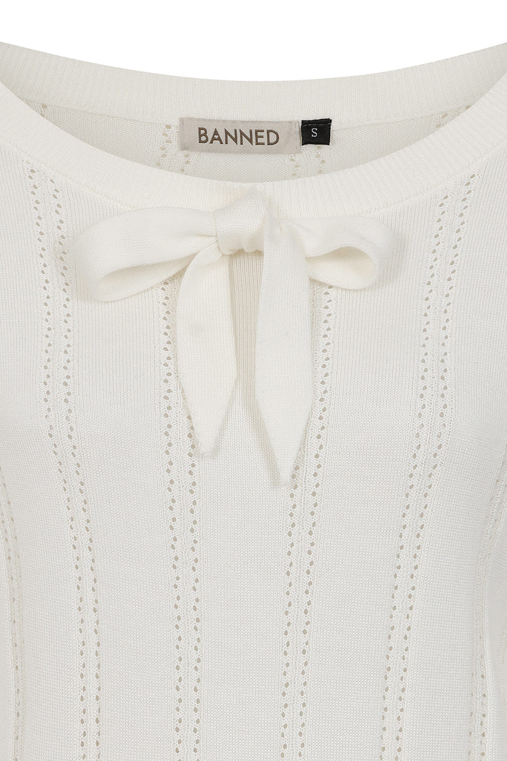 Banned Angel 40s Pointelle Knit Jumper - Crew Neck Pussy Bow Balloon Sleeve Sweater-OffWhite
