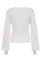 Banned Angel 40s Pointelle Knit Jumper - Crew Neck Pussy Bow Balloon Sleeve Sweater-OffWhite