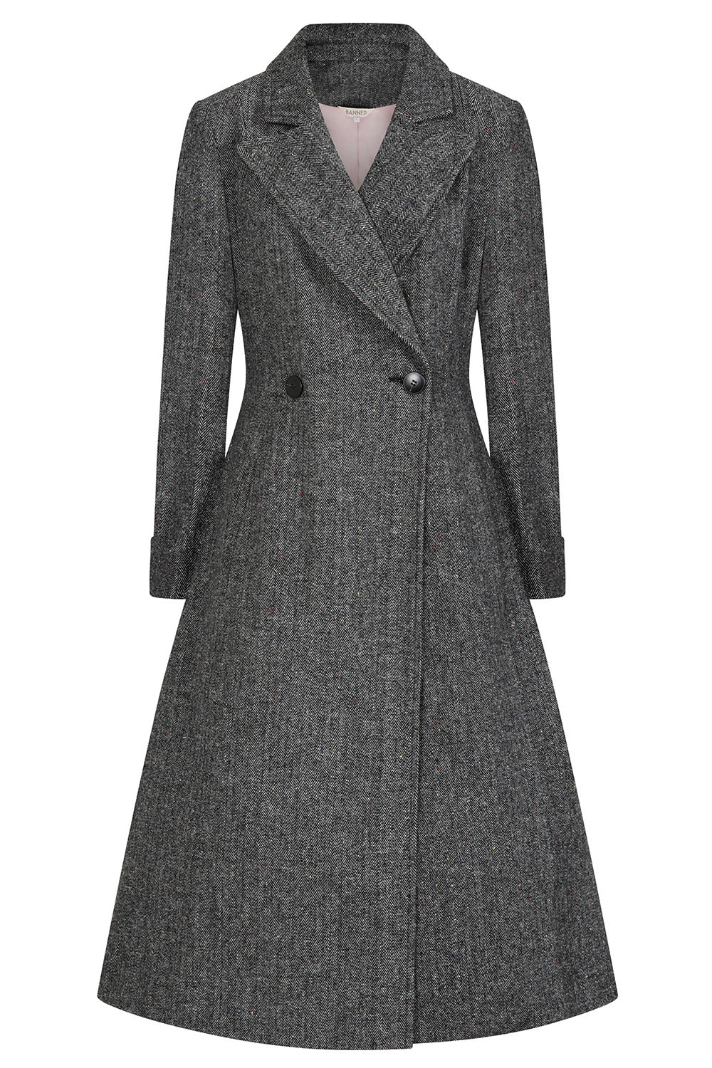 Banned Abigail Herringbone Wool Blend Coat - 40s Style Double-Breasted A-Line Coat-Grey