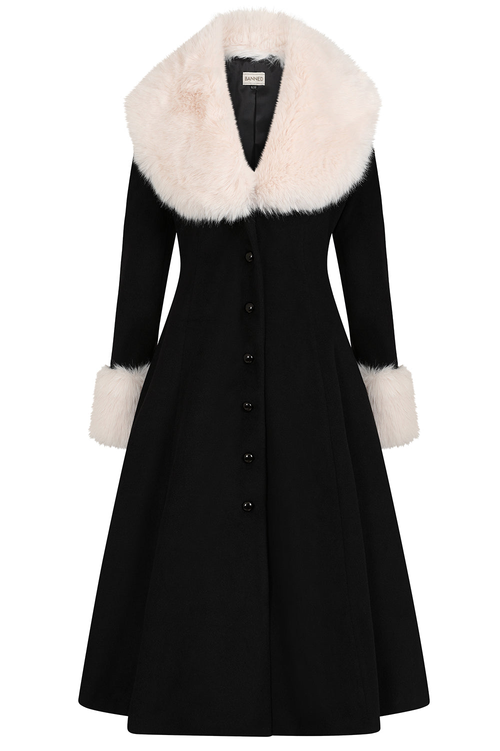 Banned Martha Fur Trim Swing Coat - 50s Style Faux Fur Collar Coat-Black