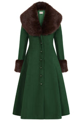 Banned Martha Fur Trim Swing Coat - 50s Style Faux Fur Collar Coat-Green
