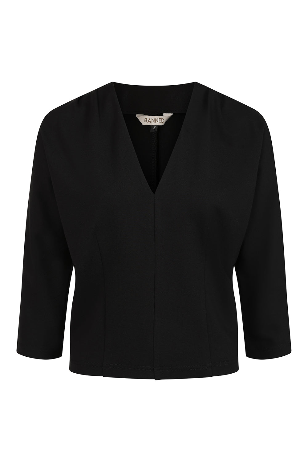 Banned Gilda Jersey Top - 50s Style Gathered Shoulder V-Neck-Black