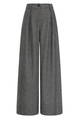 Banned Lori Herringbone Palazzo Trousers - 40s Style Wool Mix Wide Leg Pants-Grey