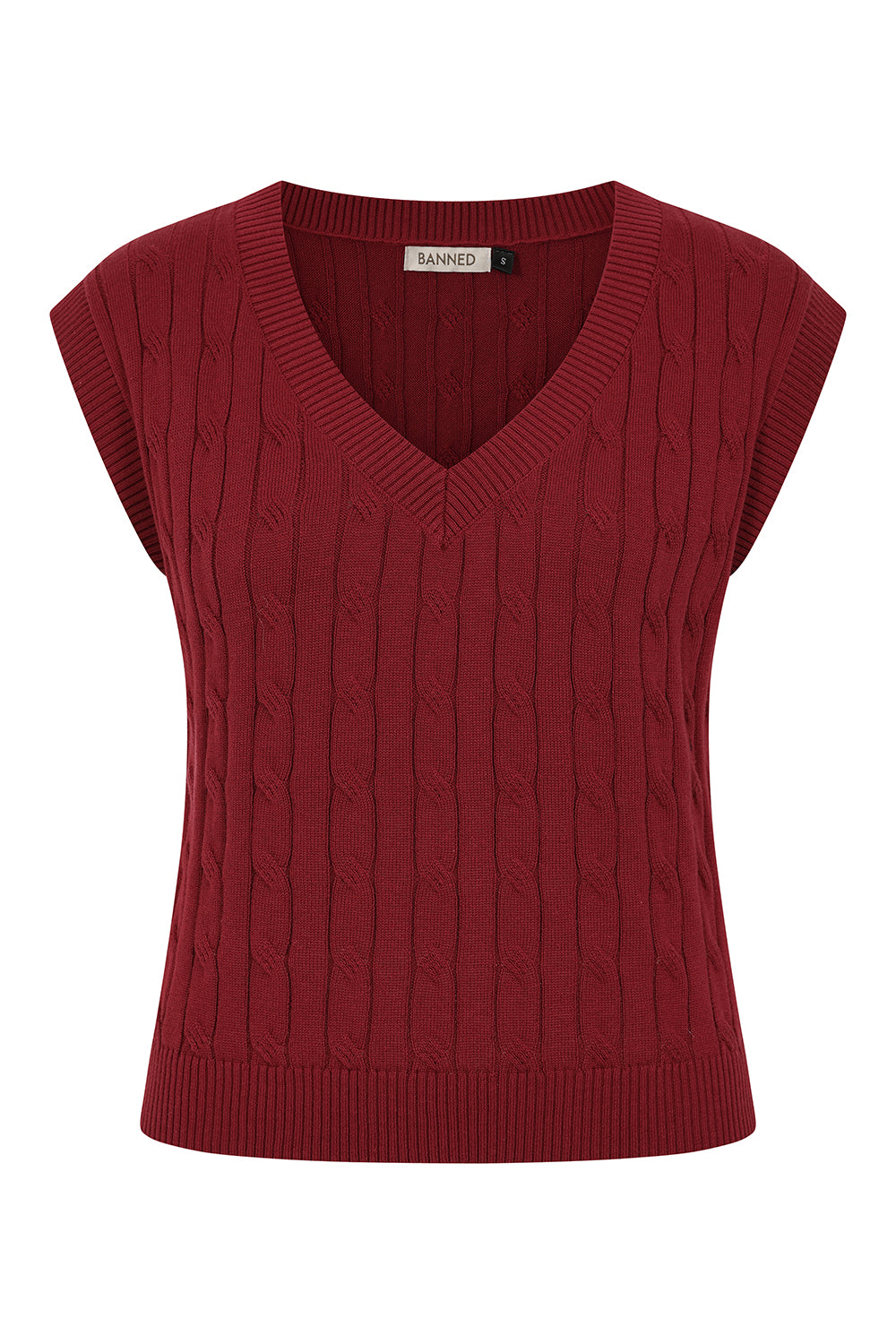 Banned Gina Cable Knit Waistcoat - 40s Style Menswear Inspired Vest-Burgundy